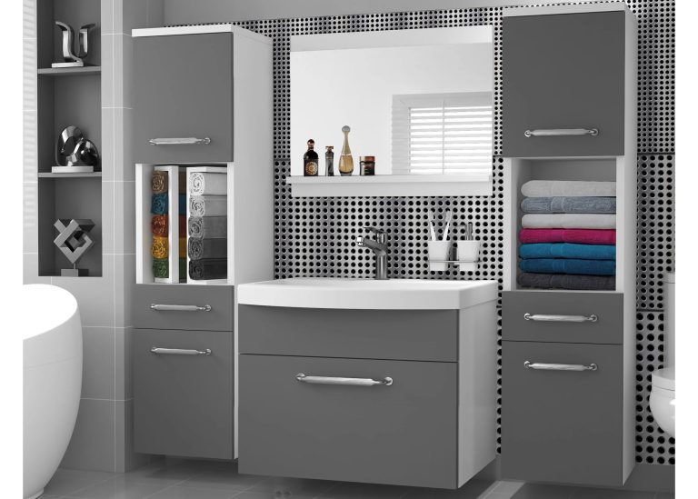 Mobilier de baie: dulapuri cu chiuvetă și oglindă, gri antracit-grafit. Producător: ROD PRIMO M 6/0/W/SR/0/ZINC