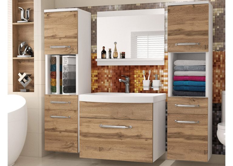 Mobilier de baie: dulapuri cu chiuvetă și oglindă, din stejar Wotan și stejar Sonoma. Producător: ROD PRIMO M 6/0/W/DW/0/ZINC