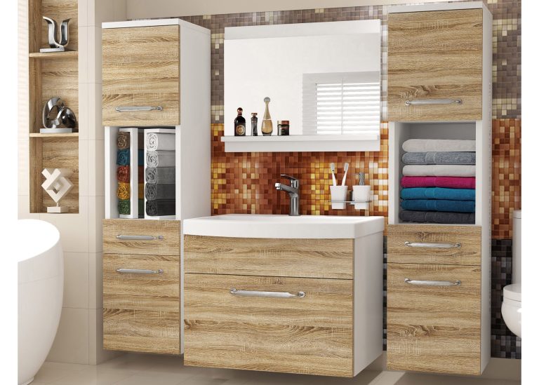 Mobilier de baie: dulapuri cu chiuvetă și oglindă, din stejar Sonoma. Producător: ROD PRIMO M 6/0/W/DS/0/ZINC