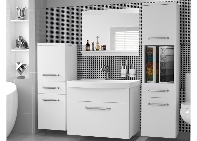 Mobilier de baie: dulapuri cu chiuvetă și oglindă, alb mat. Producător: ROD PRIMO M 5/0/W/W/0/ZINC