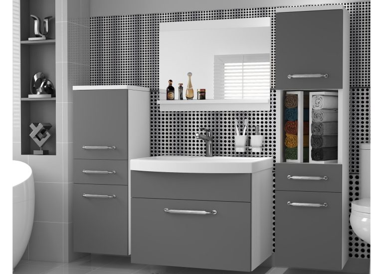 Mobilier de baie: dulapuri cu chiuvetă și oglindă, gri antracit-grafit. Producător: ROD PRIMO M 5/0/W/SR/0/ZINC