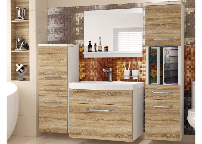 Mobilier de baie: dulapuri cu chiuvetă și oglindă, din stejar Sonoma. Producător: ROD PRIMO M 5/0/W/DS/0/ZINC