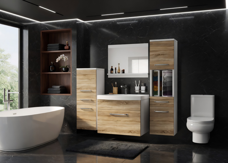 Mobilier de baie: dulapuri cu chiuvetă și oglindă, din stejar Sonoma. Producător: ROD PRIMO M 5/0/W/DS/0/ZINC