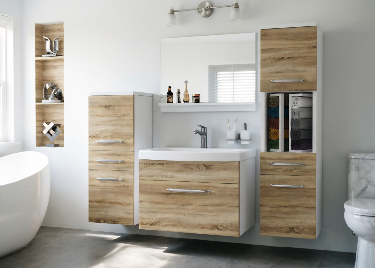 Mobilier de baie: dulapuri cu chiuvetă și oglindă, din stejar Sonoma. Producător: ROD PRIMO M 5/0/W/DS/0/ZINC