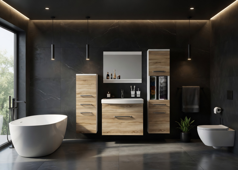 Mobilier de baie: dulapuri cu chiuvetă și oglindă, din stejar Sonoma. Producător: ROD PRIMO M 5/0/W/DS/0/ZINC