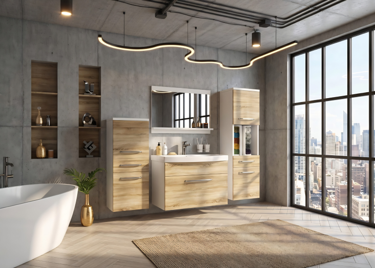 Mobilier de baie: dulapuri cu chiuvetă și oglindă, din stejar Sonoma. Producător: ROD PRIMO M 5/0/W/DS/0/ZINC