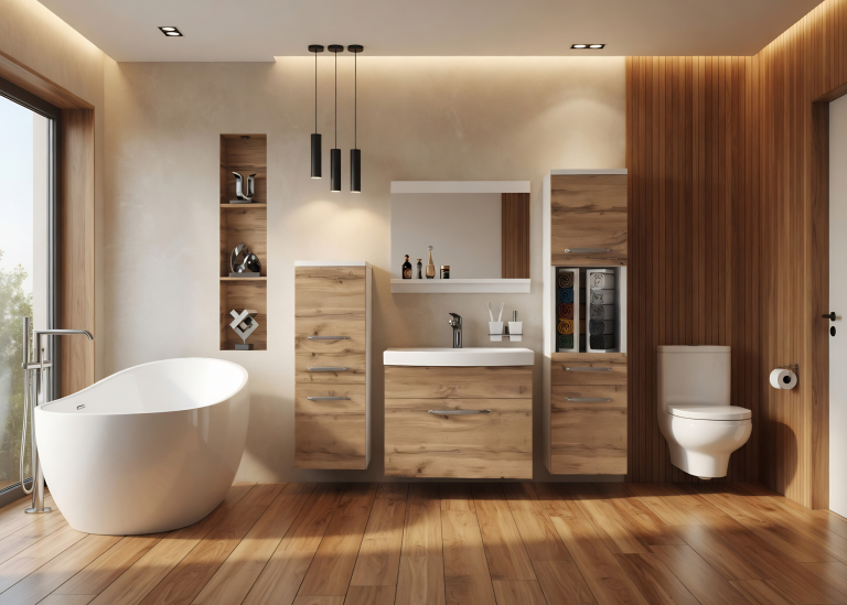 Mobilier de baie: dulapuri cu chiuvetă și oglindă, din stejar Wotan. Producător: ROD PRIMO M 5/0/W/DW/0/ZINC