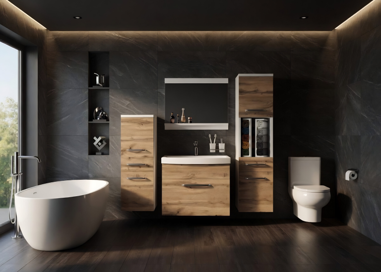 Mobilier de baie: dulapuri cu chiuvetă și oglindă, din stejar Wotan. Producător: ROD PRIMO M 5/0/W/DW/0/ZINC