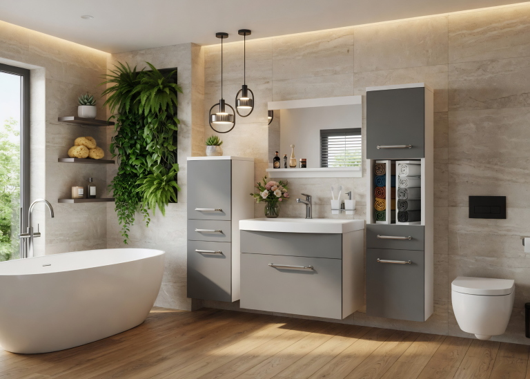 Mobilier de baie: dulapuri cu chiuvetă și oglindă, gri antracit-grafit. Producător: ROD PRIMO M 5/0/W/SR/0/ZINC