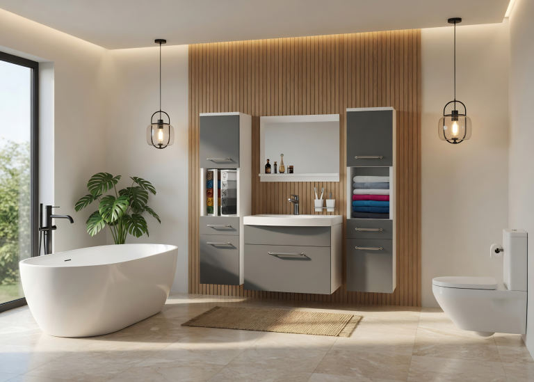 Mobilier de baie: dulapuri cu chiuvetă și oglindă, gri antracit-grafit. Producător: ROD PRIMO M 6/0/W/SR/0/ZINC