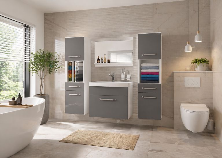 Mobilier de baie: dulapuri cu chiuvetă și oglindă, gri antracit-grafit. Producător: ROD PRIMO M 6/0/W/SR/0/ZINC