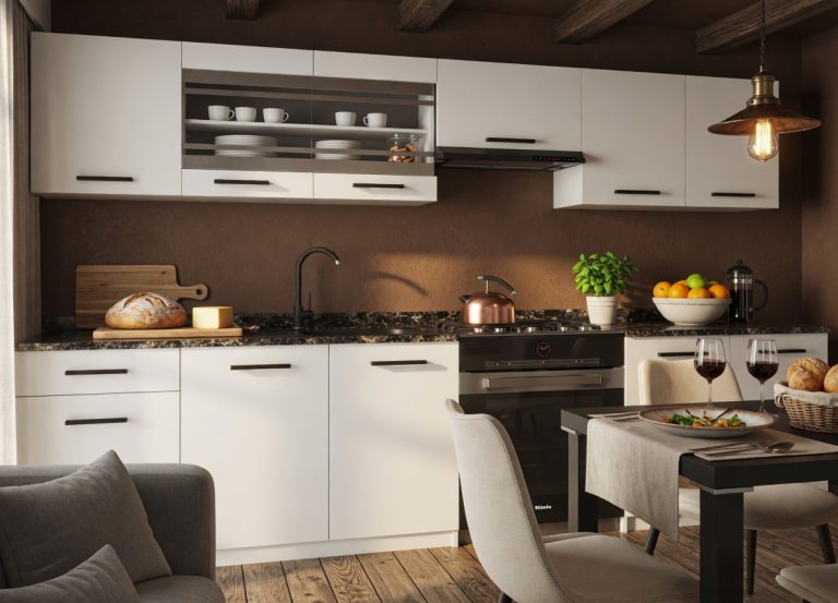 Mobilier de bucătărie 260 cm, alb mat, cu blat. Producător: TOR PRIMO260/3/WT/WT/0/B1