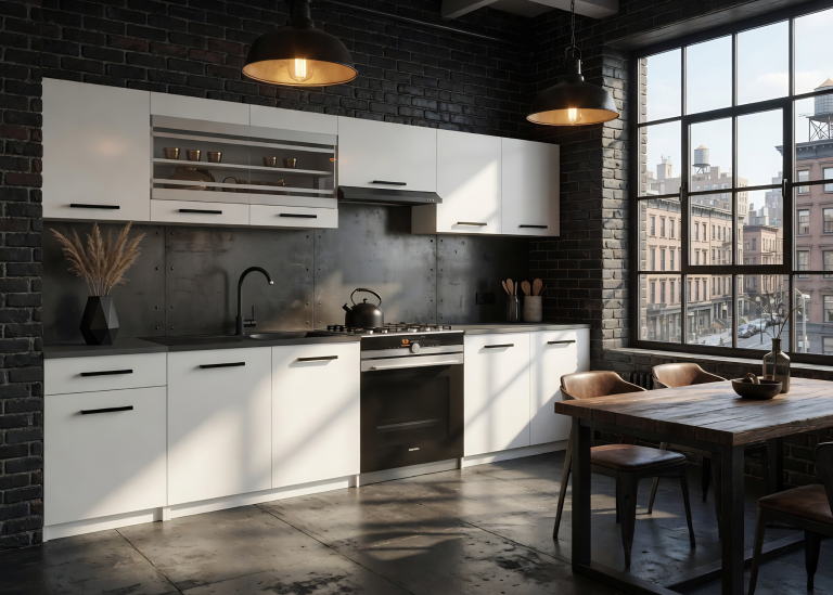 Mobilier de bucătărie 260 cm, alb mat, cu blat. Producător: TOR PRIMO260/3/WT/WT/0/B1