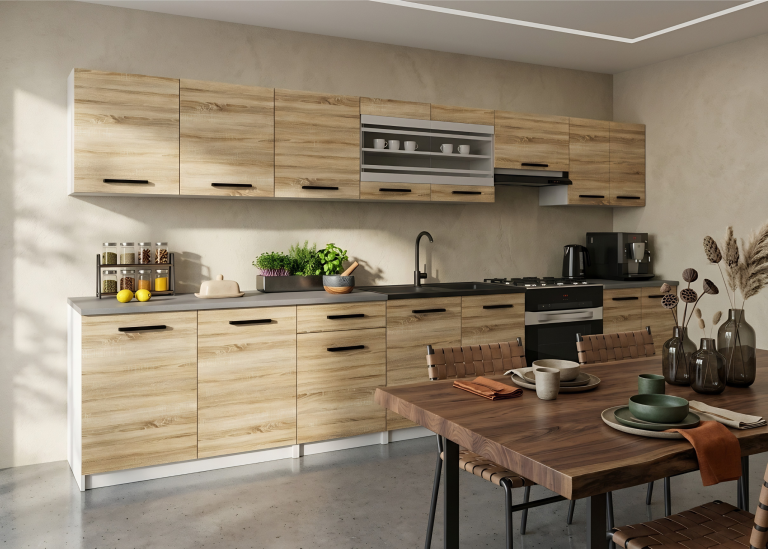 Mobilier de bucătărie de 320 cm , stejar Sonoma, cu blat. Producător: TOR PRIMO320/4/WT/DS/0/B1