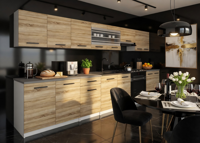Mobilier de bucătărie de 320 cm , stejar Sonoma, cu blat. Producător: TOR PRIMO320/4/WT/DS/0/B1