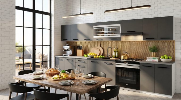 Mobilier de bucătărie de 320 cm, gri antracit-grafit, cu blat. Producător: TOR PRIMO320/4/WT/SR/0/B1