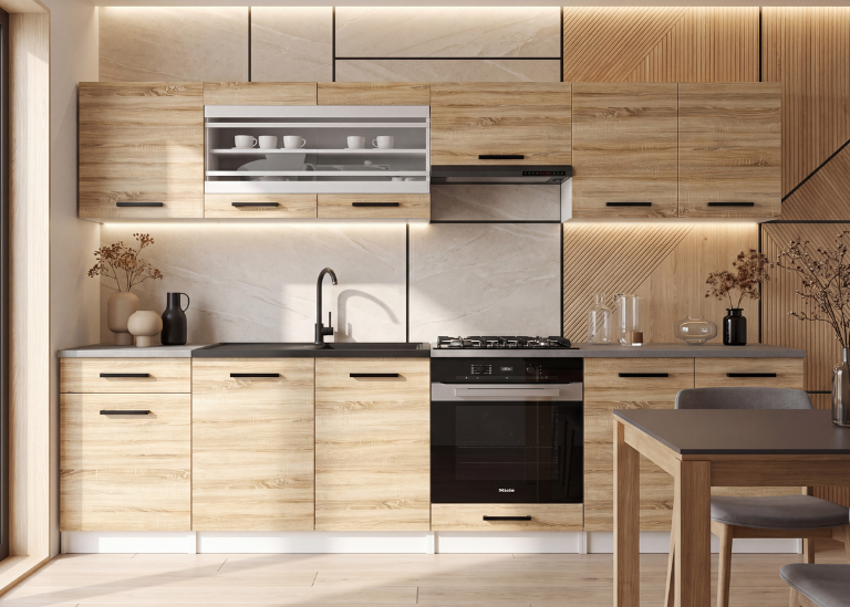 Mobilier de bucătărie de 260 cm, stejar Sonoma, cu blat. Producător: TOR PRIMO260/3/WT/DS/0/B1