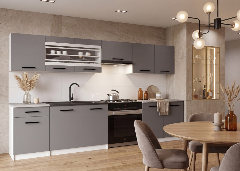 Mobilier de bucătărie de 260 cm, gri antracit-grafit, cu blat. Producător: TOR PRIMO260/3/WT/SR/0/B1