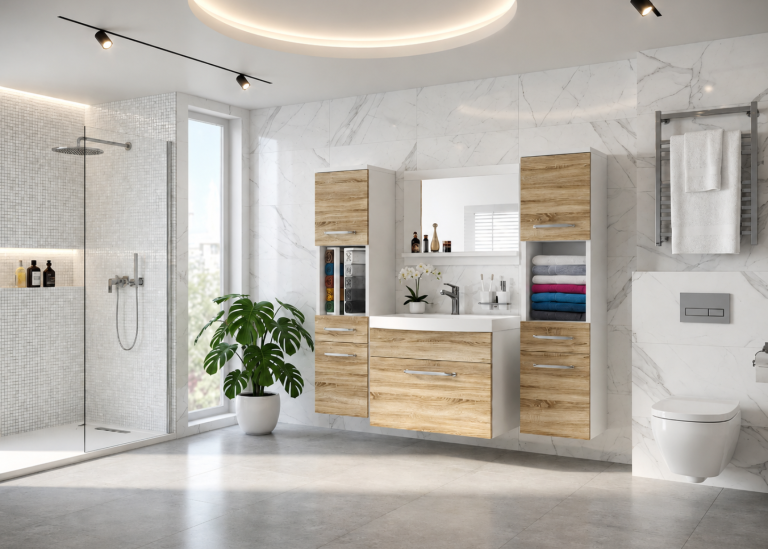 Mobilier de baie: dulapuri cu chiuvetă și oglindă, din stejar Sonoma. Producător: ROD PRIMO M 6/0/W/DS/0/ZINC