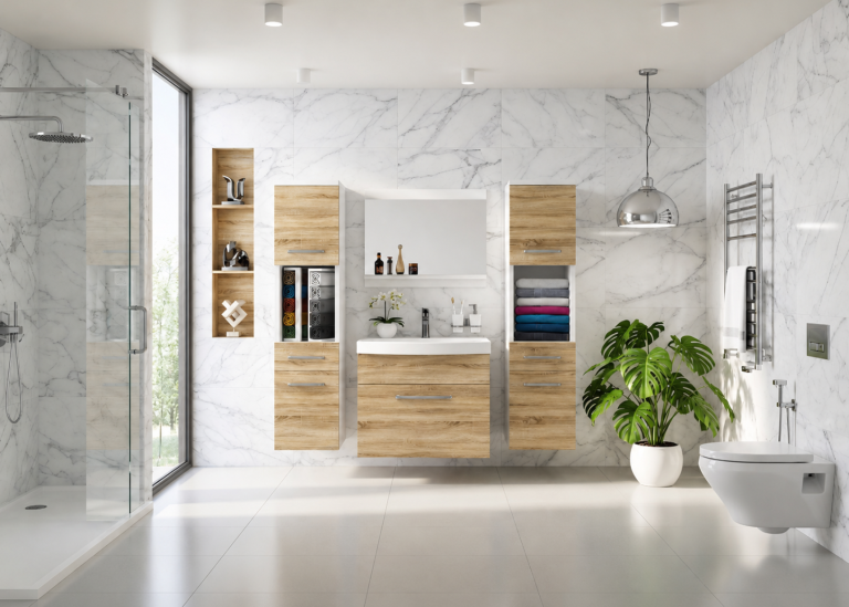 Mobilier de baie: dulapuri cu chiuvetă și oglindă, din stejar Sonoma. Producător: ROD PRIMO M 6/0/W/DS/0/ZINC