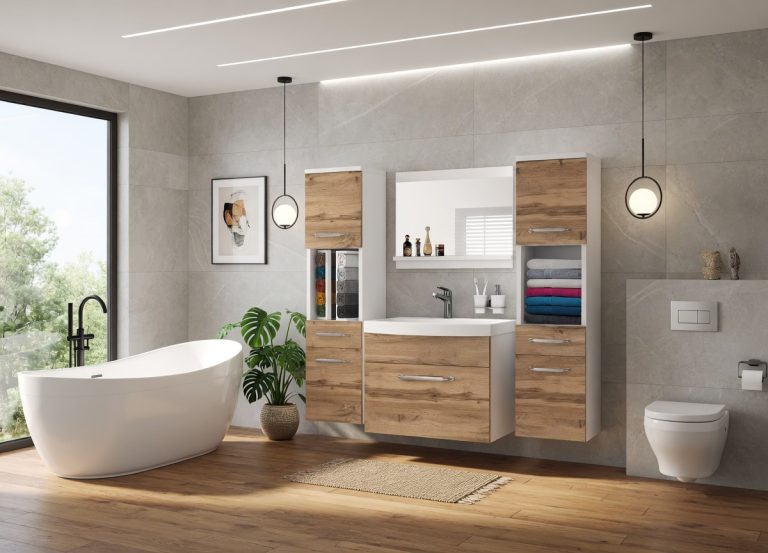 Mobilier de baie: dulapuri cu chiuvetă și oglindă, din stejar Wotan și stejar Sonoma. Producător: ROD PRIMO M 6/0/W/DW/0/ZINC