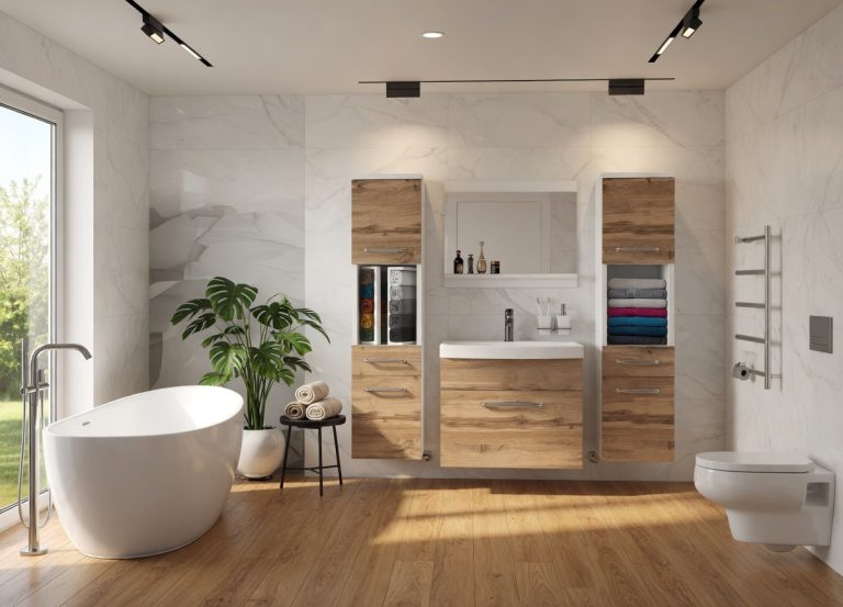 Mobilier de baie: dulapuri cu chiuvetă și oglindă, din stejar Wotan și stejar Sonoma. Producător: ROD PRIMO M 6/0/W/DW/0/ZINC
