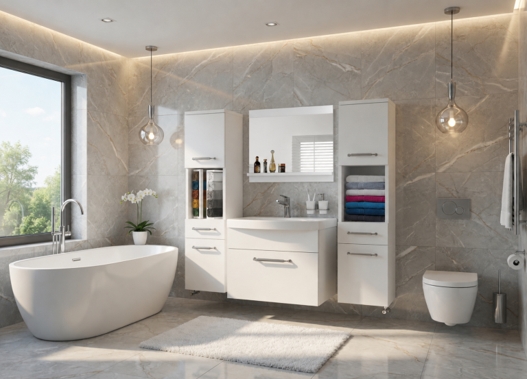 Mobilier de baie: dulapuri cu chiuvetă și oglindă, alb mat. Producător: ROD PRIMO M 6/0/W/W/0/ZINC