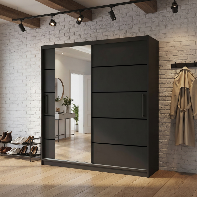 Dressing 158 cm Belini negru mat cu usi glisante cu oglinda si sertare MBP SZP7/0/B/B/0/KLP