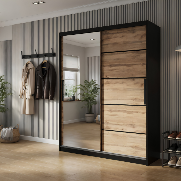 Dressing 133 cm Belini negru mat / stejar wotan cu usi glisante si oglinda MZ SZP2/2/B/DW/0/BL