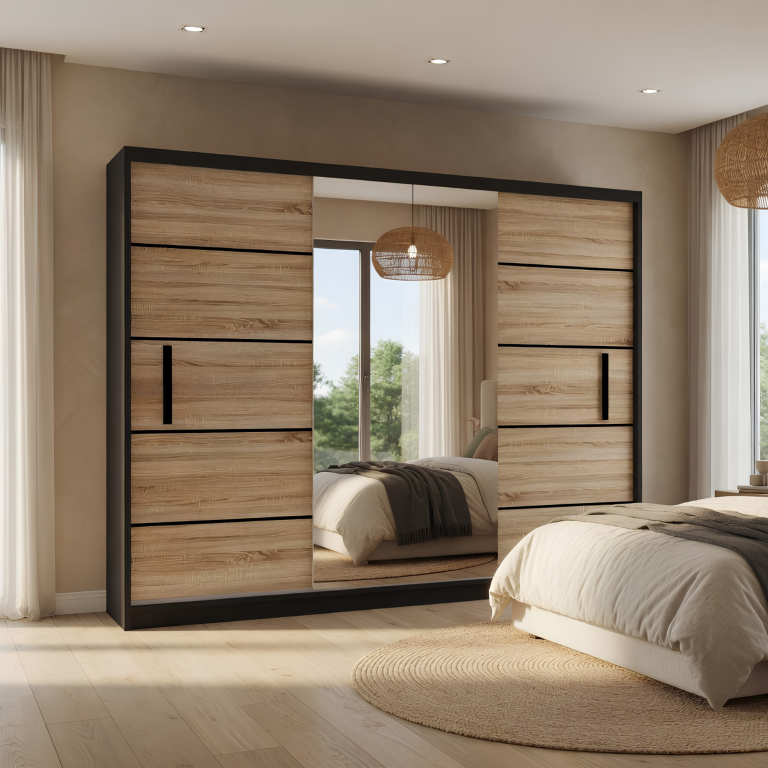 Dressing 232 cm Belini negru mat / stejar sonoma cu usi glisante si oglinda MZ SZP4/2/1B/2DS1L/0/BL