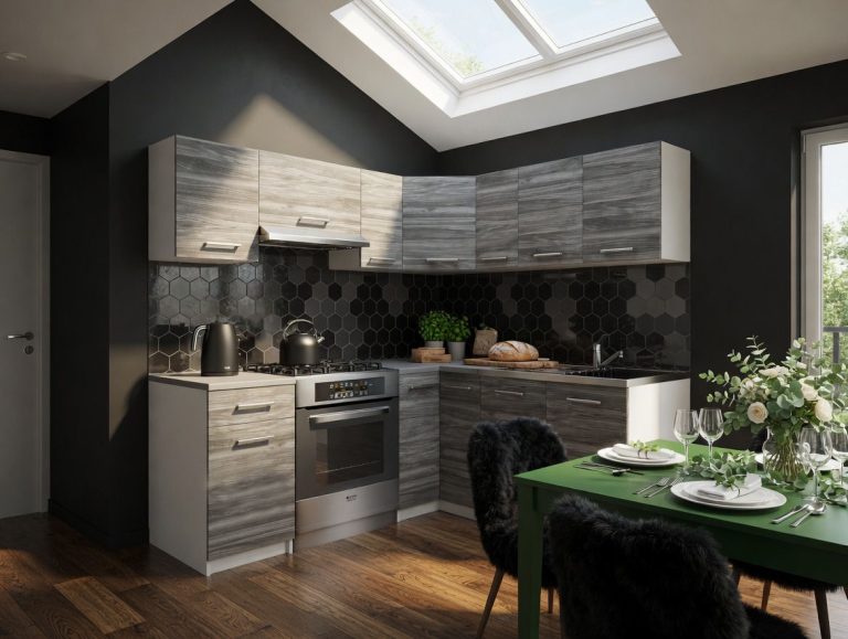 Mobila de bucatarie Belini 360 cm gri antracit Glamour Wood cu blat TOR LIDIAUNIQA3/4/WT/GW1/0/E 