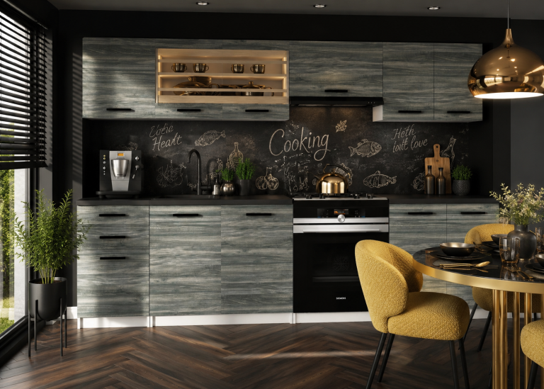 Mobila de bucatarie Belini 240 cm gri antracit Glamour Wood cu blat TOR MARIKA2/4/WT/GW1/0/B1 