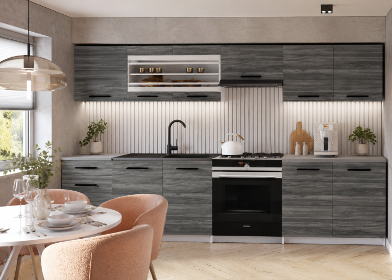  Mobila de bucatarie Belini 260 cm gri antracit Glamour Wood cu blat TOR JUSTYNA/3/WT/GW1/0/B1 