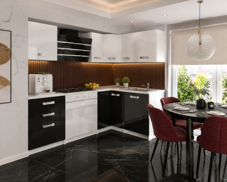 Unitate de bucatarie Belini 360 cm alb lucios / negru luciu cu blat  INF JOWISZ/2/WT/WB/0/D 