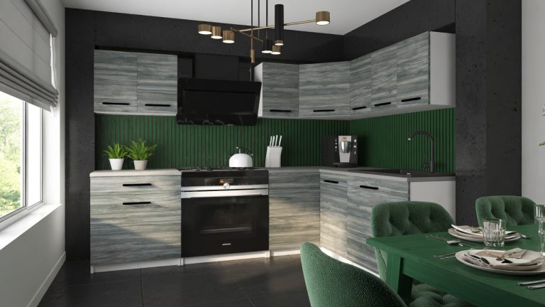 Mobila de bucatarie Belini 300 cm gri antracit Glamour Wood cu blat TOR ARMIN2/2/WT/GW1/0/B1 