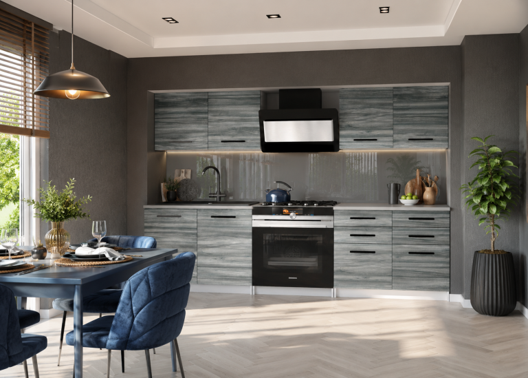 Mobila de bucatarie Belini 160 cm gri antracit Glamour Wood cu blat TOR KOMPAKTO2/2/WT/GW1/0/B1 