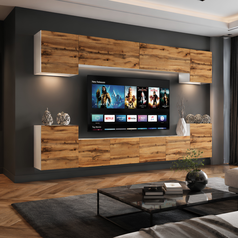 Mobilă de living 300 cm pentru TV/RTV alb lucios la reducere MIAMI 4/5/W/DW/0/0