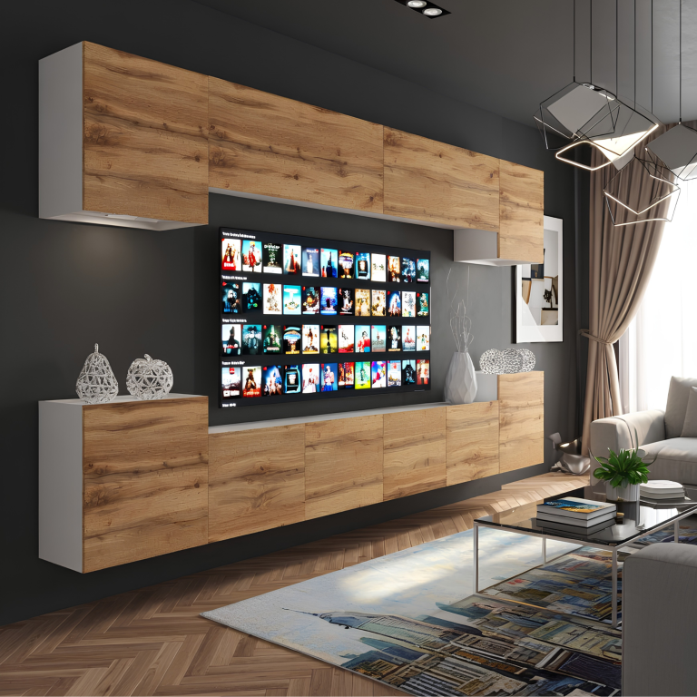 Mobilă de living 300 cm pentru TV/RTV alb lucios la reducere MIAMI 4/5/W/DW/0/0