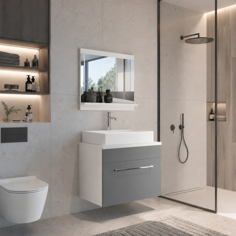 Mobilier de baie cu dulapuri și oglindă gri antracit grafit la reducere AUSTIN M 1/0/W/SR/0/ZW