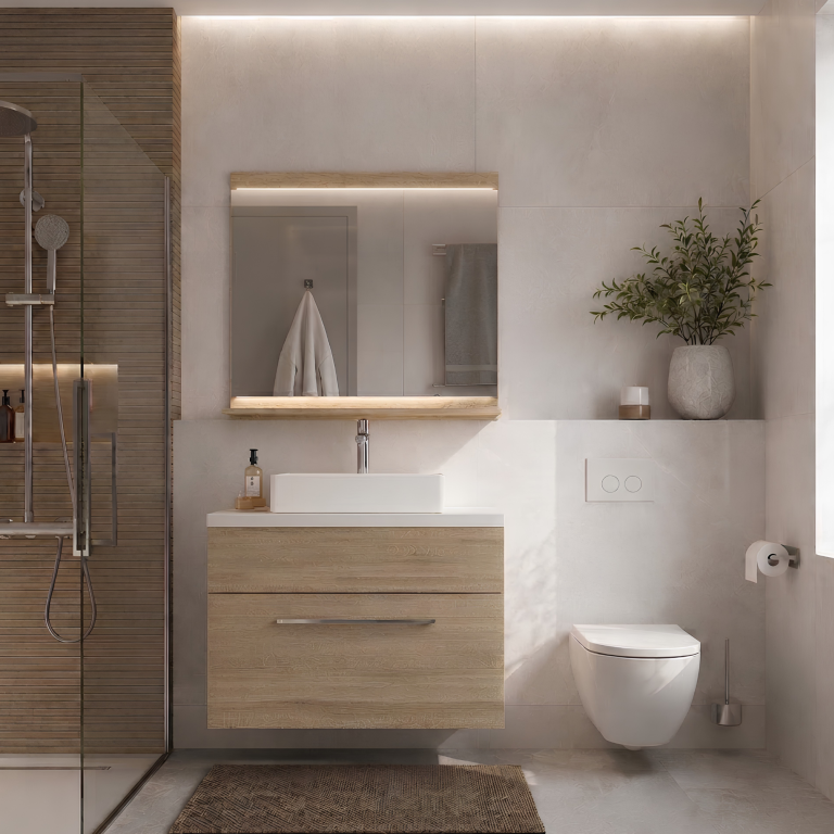 Mobilier de baie cu dulapuri și oglindă din stejar Sonoma la reducere DALLAS M 1/0/DS/DS/0/ZW