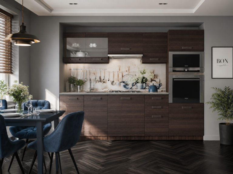Mobilă de bucătărie 240 cm maro castan cu blat la reducere BOSTON/1/KN/KN/0/F