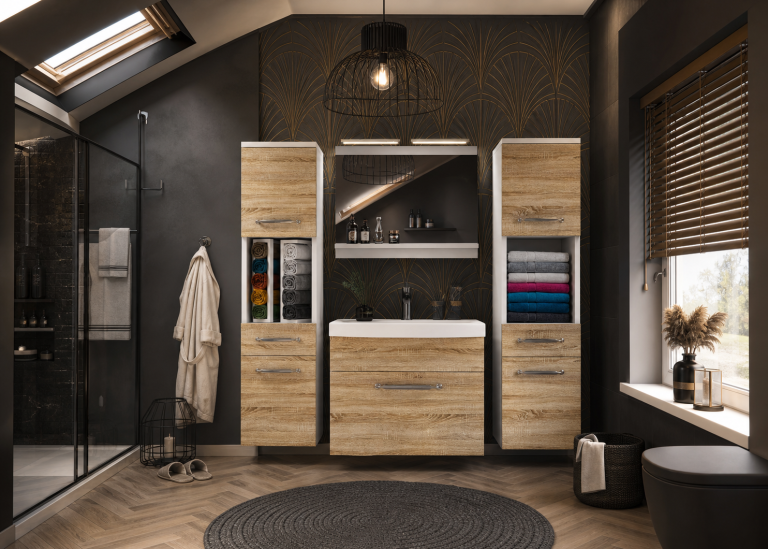 Mobilier de baie: dulapuri cu chiuvetă și oglindă, din stejar Sonoma. Producător: ROD PRIMO M 6/0/W/DS/0/ZINC