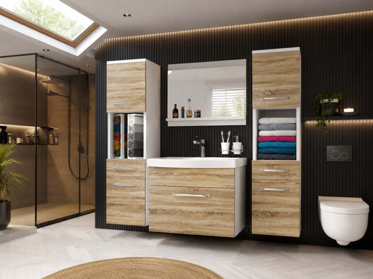 Mobilier de baie: dulapuri cu chiuvetă și oglindă, din stejar Sonoma. Producător: ROD PRIMO M 6/0/W/DS/0/ZINC
