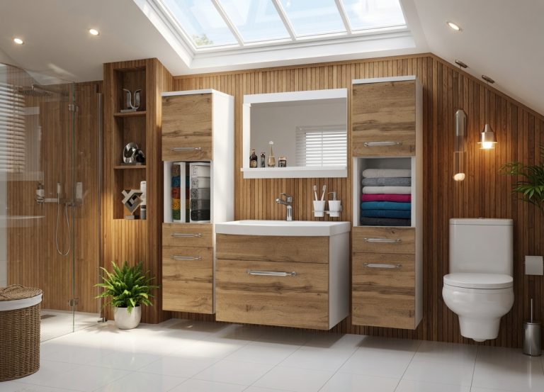 Mobilier de baie: dulapuri cu chiuvetă și oglindă, din stejar Wotan și stejar Sonoma. Producător: ROD PRIMO M 6/0/W/DW/0/ZINC