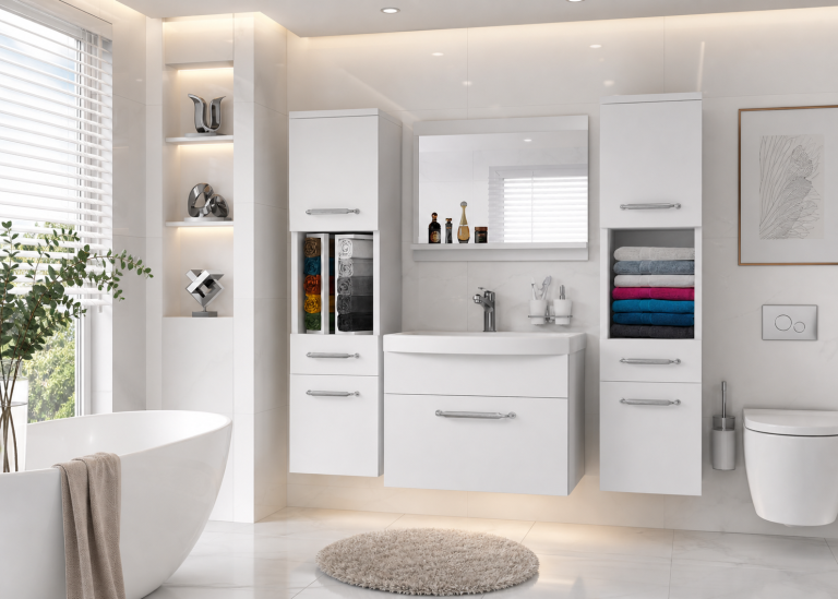 Mobilier de baie: dulapuri cu chiuvetă și oglindă, alb mat. Producător: ROD PRIMO M 6/0/W/W/0/ZINC