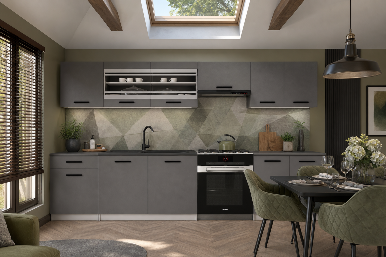 Mobilier de bucătărie de 260 cm, gri antracit-grafit, cu blat. Producător: TOR PRIMO260/3/WT/SR/0/B1