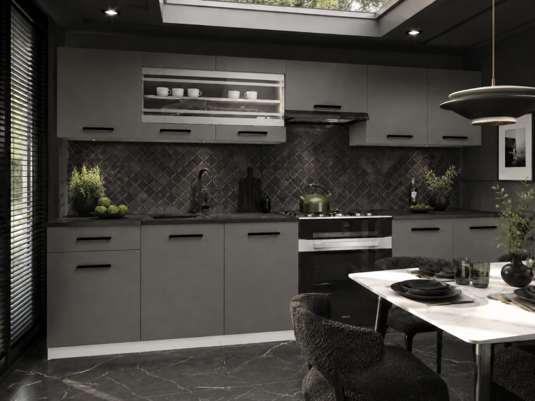 Mobilier de bucătărie de 260 cm, gri antracit-grafit, cu blat. Producător: TOR PRIMO260/3/WT/SR/0/B1