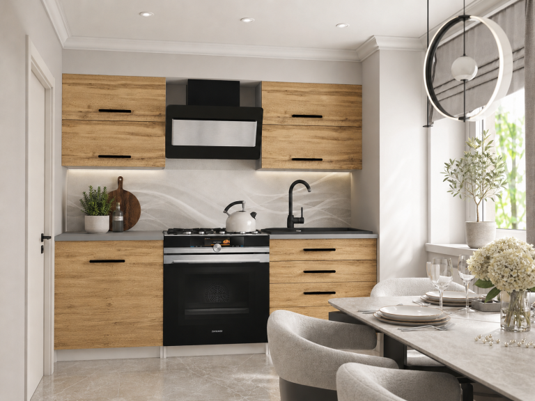 Linie bucatarie Belini 120 cm stejar wotan cu blat TOR ELEGANTA2/2/WT/DW/0/B1 