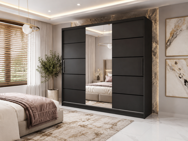 Dressing 232 cm Belini negru mat cu usi glisante cu oglinda si sertare MBP SZP8/0/1B/2B1L/0/KLP/