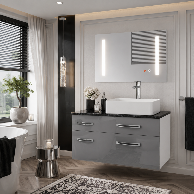 Set mobilier de baie Euphoria gri lucios EUP P 90L/0/W/S/0/BK/MB